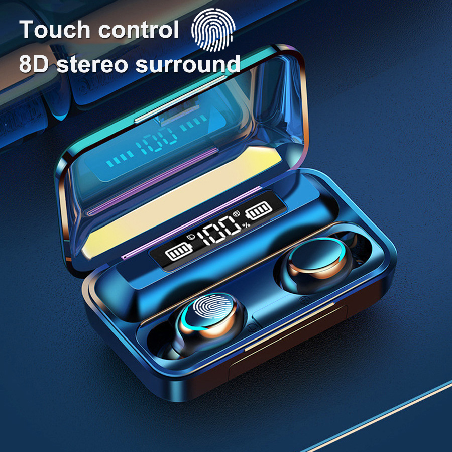 F9-5 TWS Bluetooth Earphones 5.0 Wireless Headphone 8D Bass Stereo In-ear Earbuds Handsfree Headset Built-in Microphone with 2000mAh Charging Case black