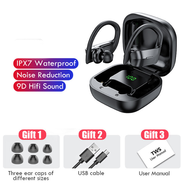 TWS Bluetooth 5.0 Earphones Wireless Hifi Stereo Sports Waterproof Sports Earbuds with LED Display Charging Box black