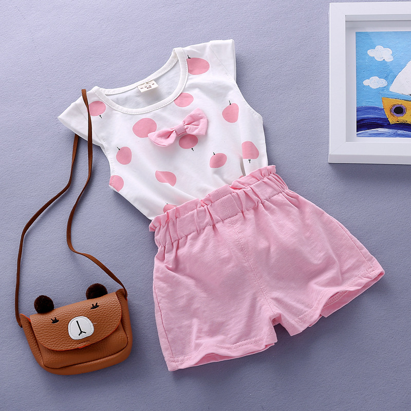 2pcs Cartoon Printing Tank Top Set For Girls Summer Cotton Vest Shorts Two-piece Set fruit pink 3-4Y 110cm