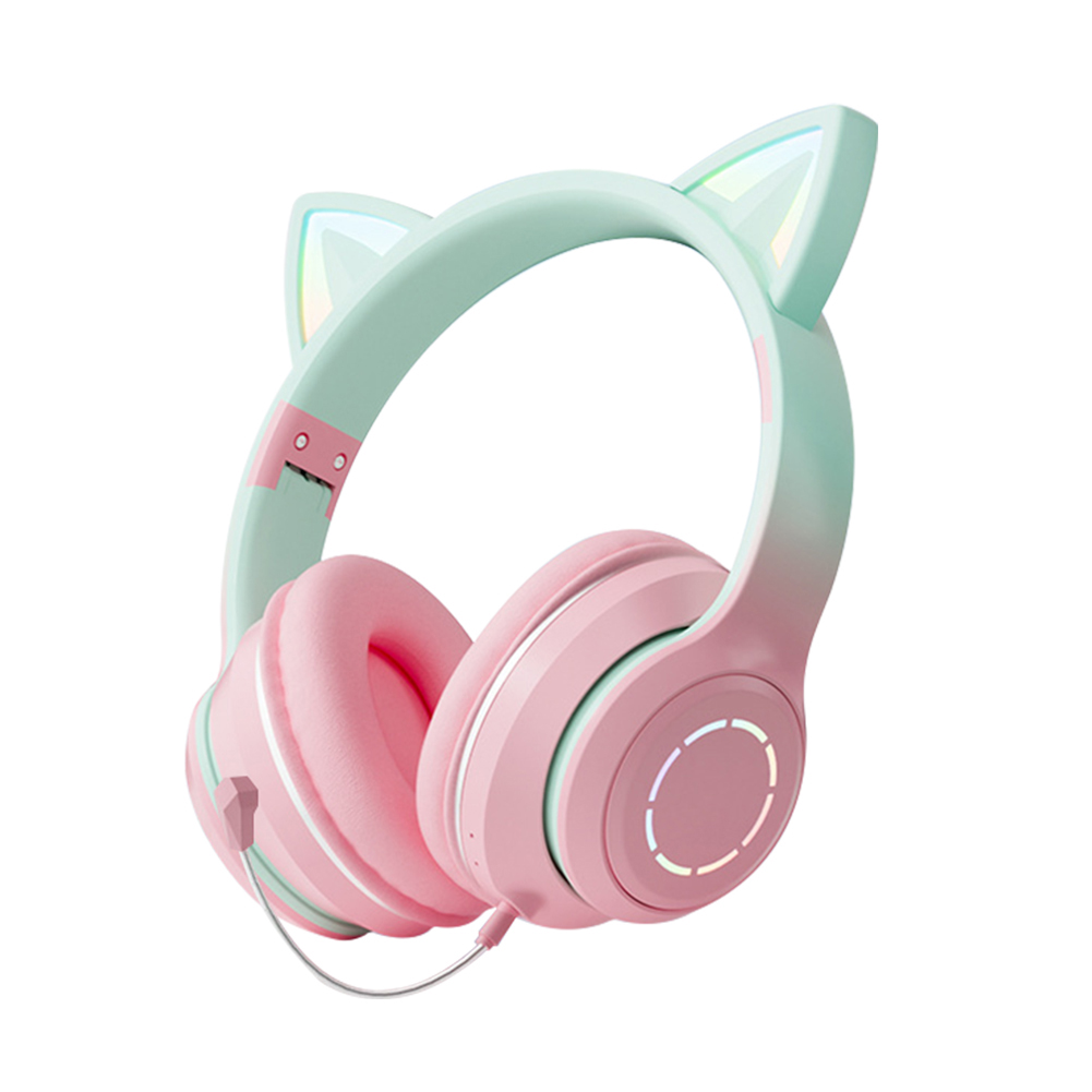 Wireless Cat Ear Headset Stereo Headphones Colorful Lighting Gaming Headset For Smart Phones PC Tablet Computer pink + with microphone
