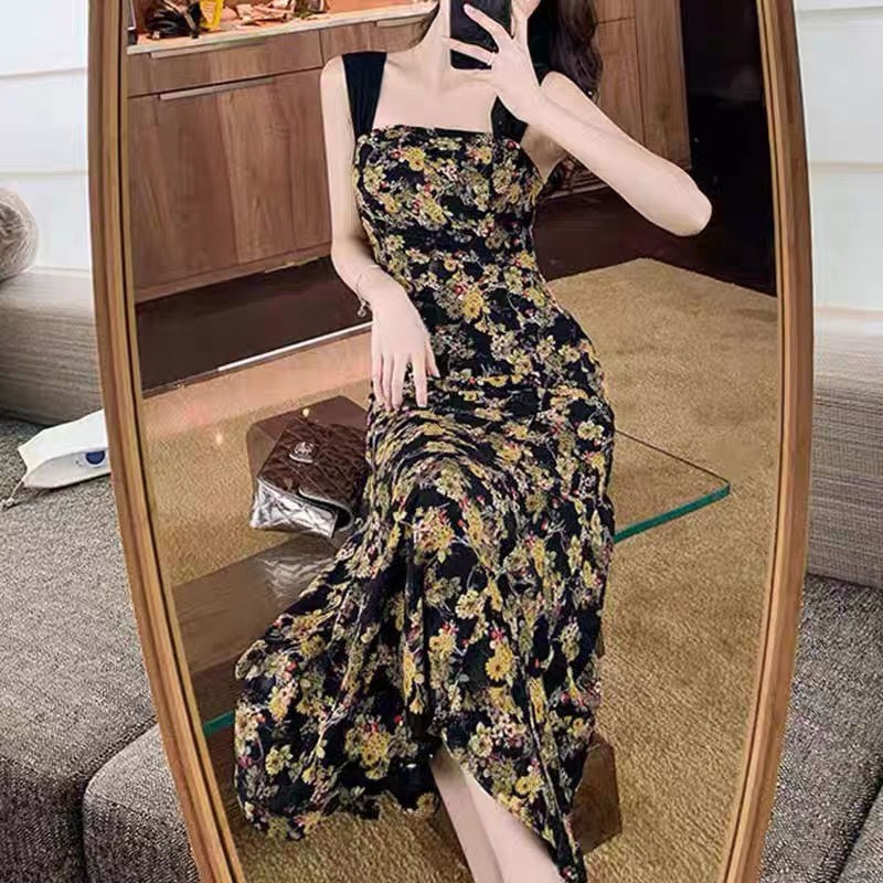 Retro French Style Dress For Women Summer Sleeveless Backless A-line Skirt Sweet Floral Printing Long Dress As shown XXL
