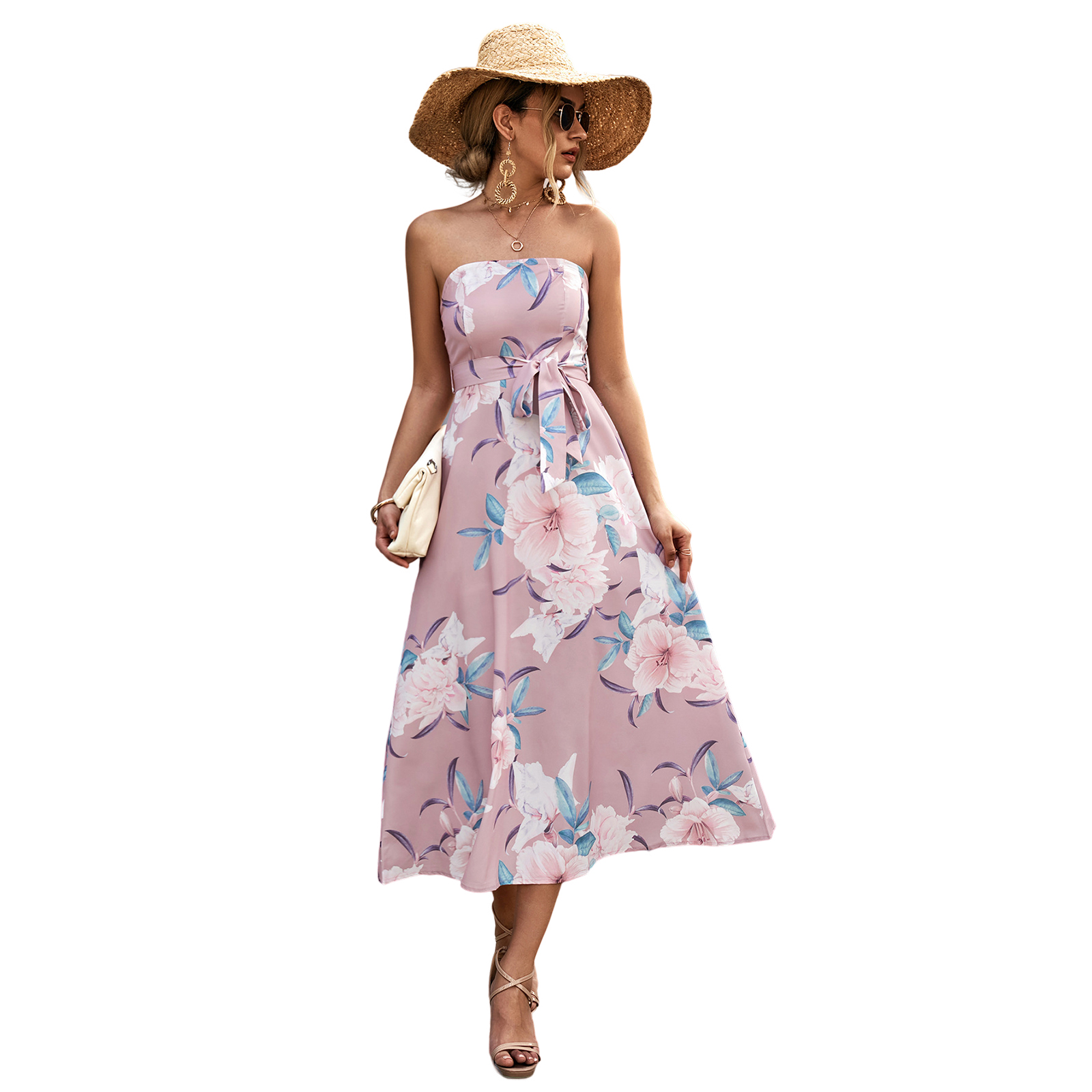 Women Off Shoulder Strapless Dress Sexy Sleeveless High Waist Lace-up Tube Top Midi Skirt Floral Printing A-line Skirt pink XL