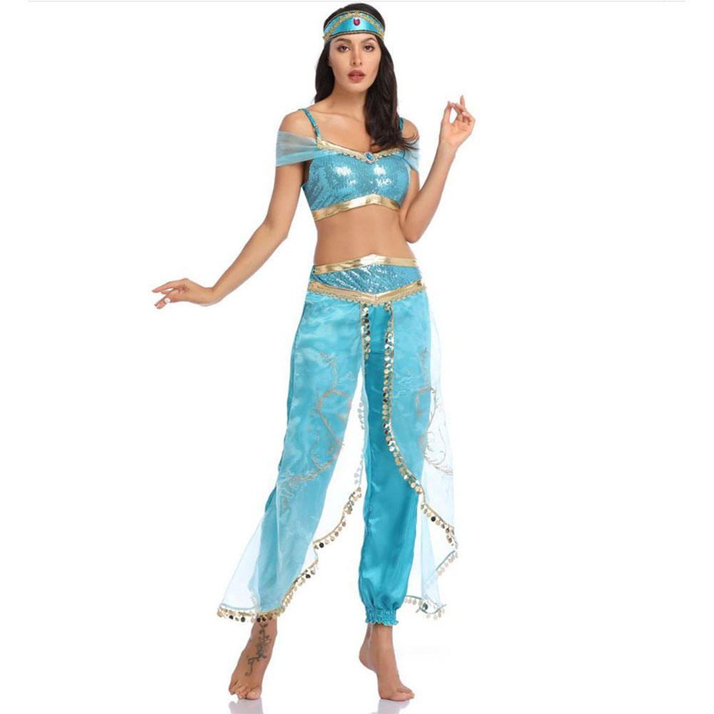 Womens Aladdin Princess Jasmine Costume - Wholesale Lady Women Halloween Princess Jasmine Costume Storybook Aladdin Lamp Cosplay Fancy Dress Belly Dance Performance Clothes Blue M From China