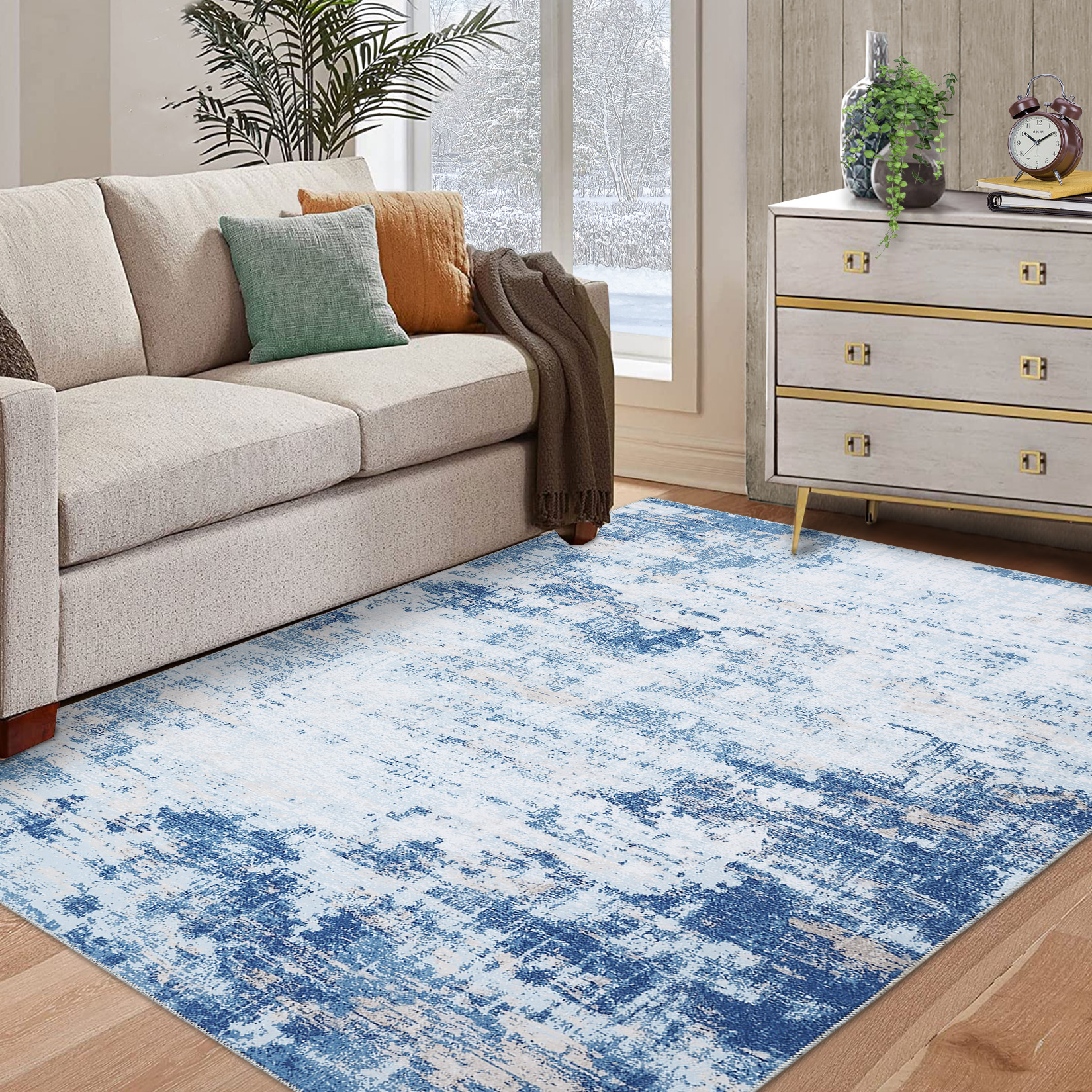 US GARVEE 9x12 Area Rug Large Modern Abstract Machine Washable Area Rug for Living Room Contemporary Non-Slip Stain Resistant Accent Rug Carpet for Dining Room Office Bedroom Decoration, Blue