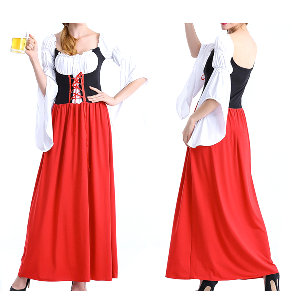 Female Maid Cosplay Dress Costume Retro Mandarin Sleeve Long Dress for Halloween Beer Festival red_S