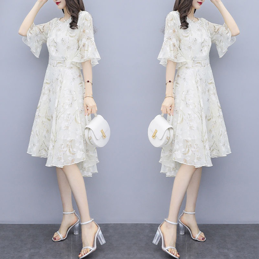 Women Floral Chiffon Dress V-collar Loose Waist Medium Fashion Dress apricot_L