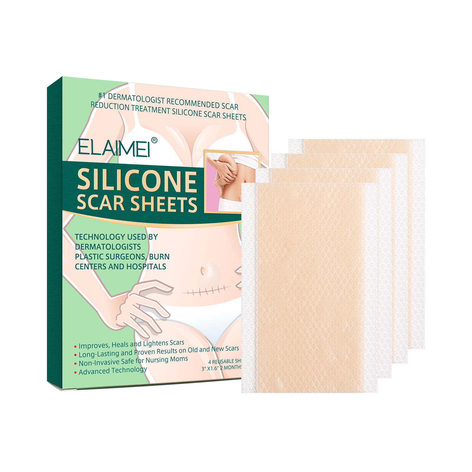 Silicone Scar Sheets Self-adhesive Scar Tape Scar Removal Strips For Acne Scars C-section Keloid Surgery Scars Treatment 4pcs/box