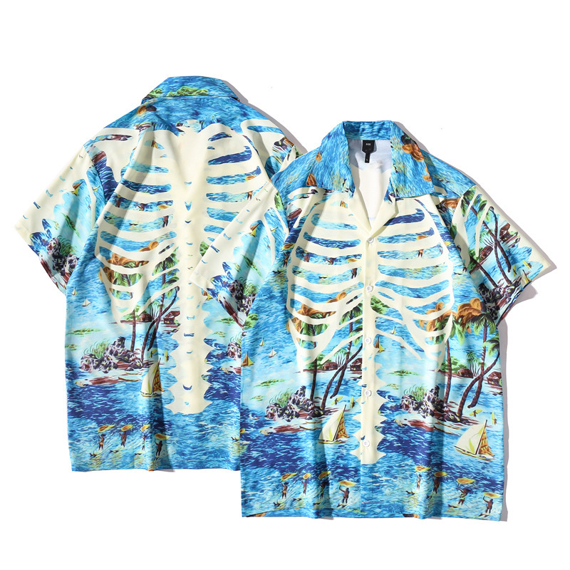 Men Retro Hawaiian Printing T-shirt Summer Short Sleeves Lapel Cardigan Tops For Seaside Beach Vacation Travel CK60 XXL