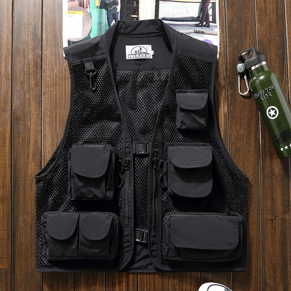 Summer Men Cargo Vest Trendy Stand Collar Waistcoat With Multi-pocket For Outdoor Photography Fishing Hiking black XL