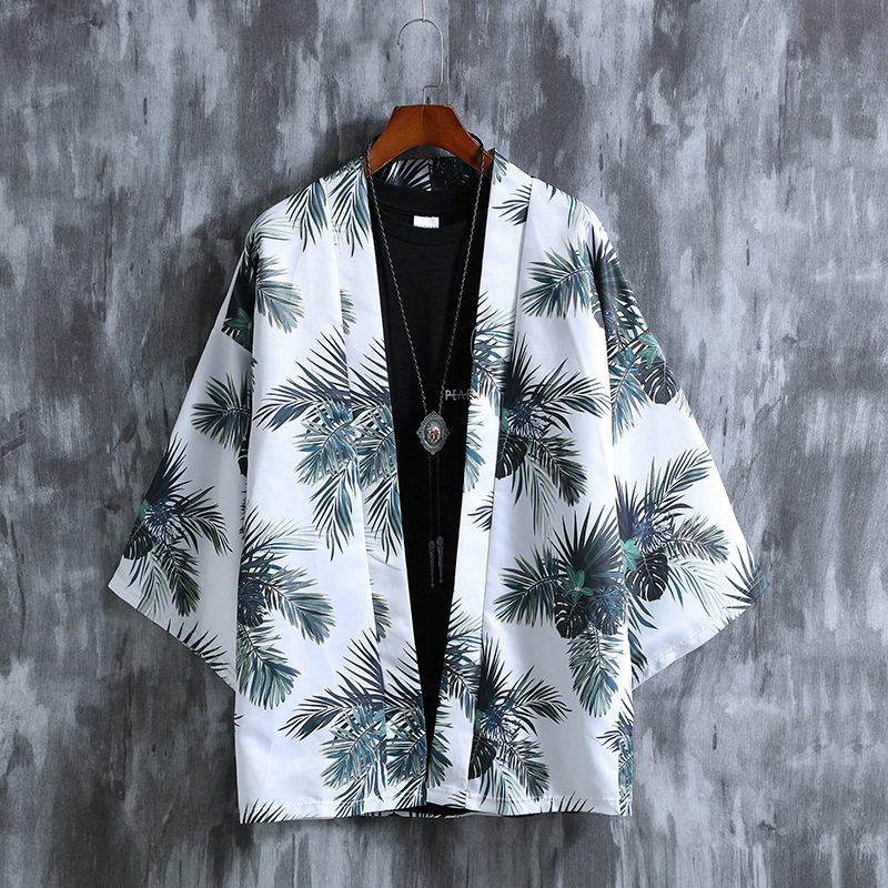 Men Chinese Style Robe Summer Three-quarter Sleeves Beach Shirt Sun Protection Chiffon Cardigan Jacket 8915 M