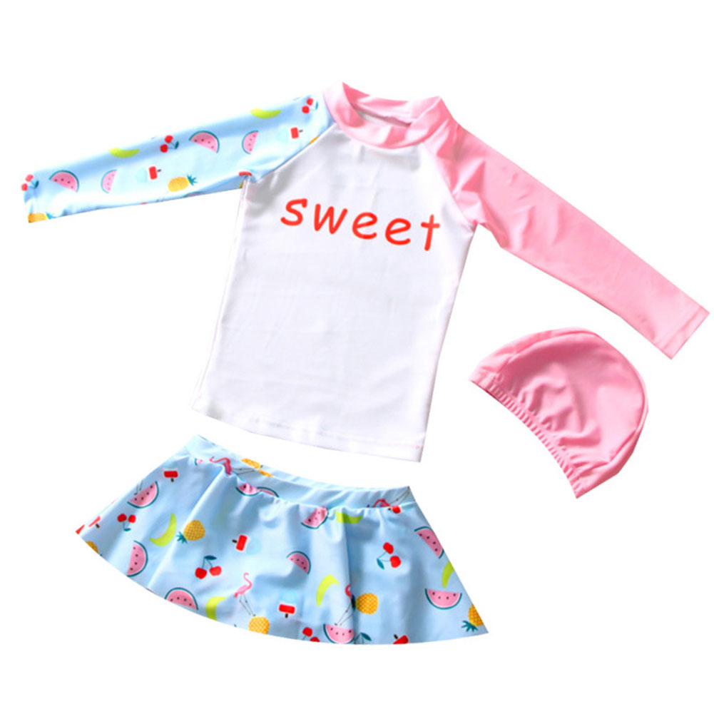Girls Split Swimsuit Skirt Set With Swimming Cap Sunscreen Long Sleeves Quick-drying Swimwear For Swimming white 5-6years XL
