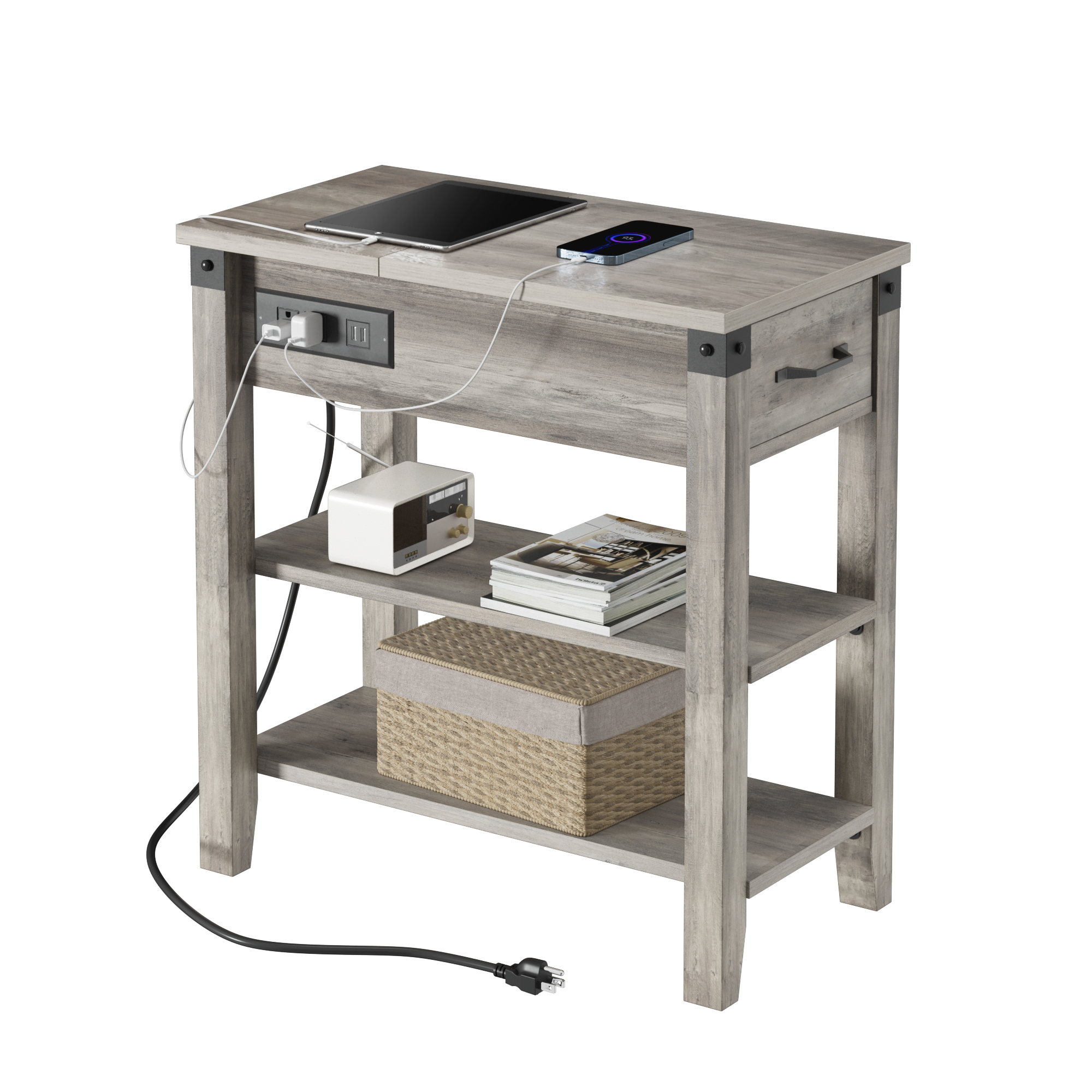 US GARVEE End Table with Charging Station, Narrow Side Table with Drawer and Storage End Table Wood Farmhouse Bed Side Table/Night Stand for Living Room Bedroom Office -Grey