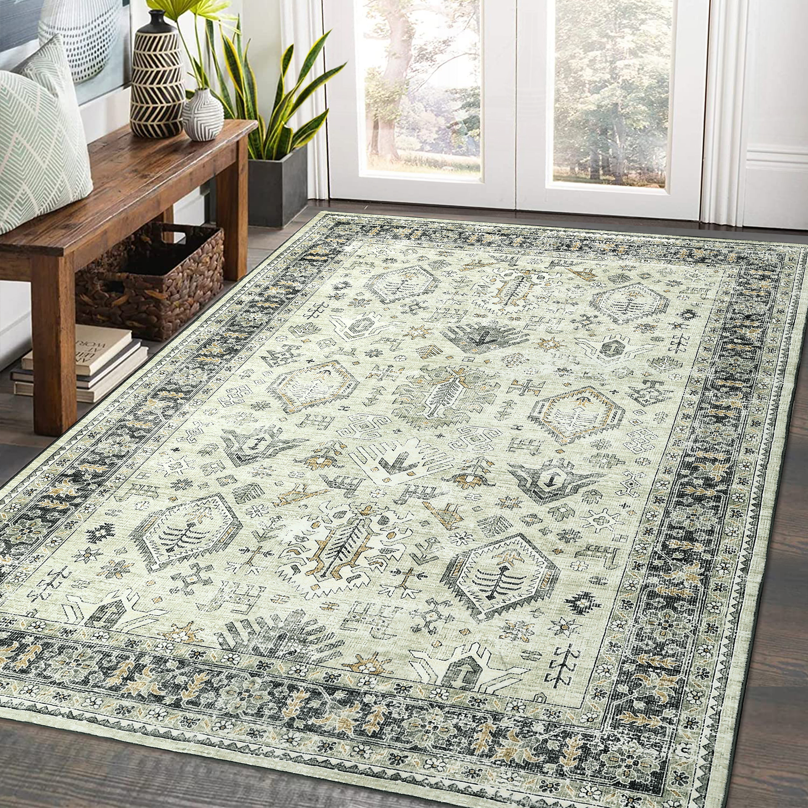US GARVEE 9x12 Rug for Living Room Washable Rug Non Slip Boho Rug Floor Mats Throw Rugs for Dining Room Oriental Carpet Stain Resistant No Shedding Classroom Office Rug 9'x12' Sage Green/Grey