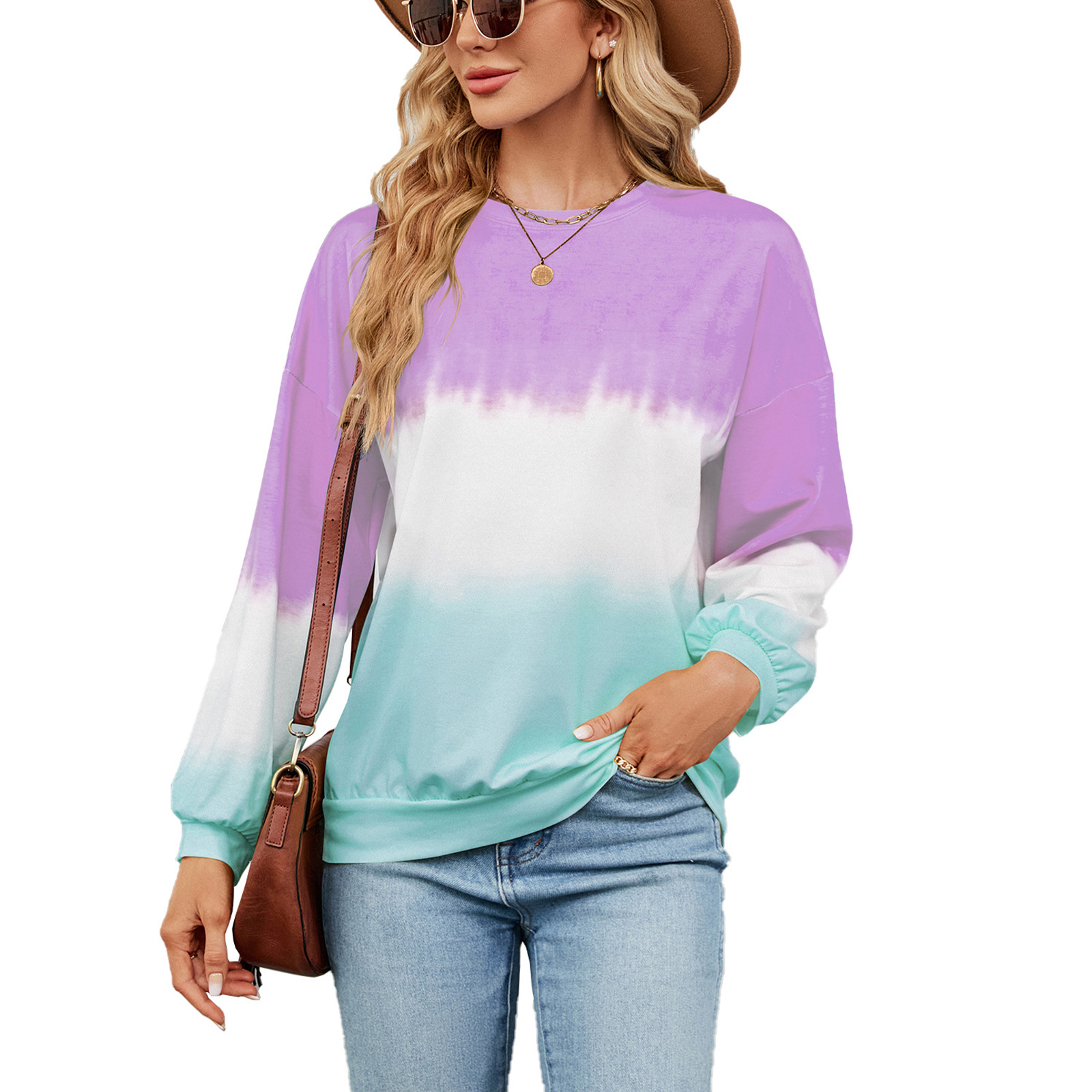 Women Sweatshirt Long Sleeve Round Neck Pullovers Trendy Contrast Color Tie Dye Loose Casual Tops purple blue S
