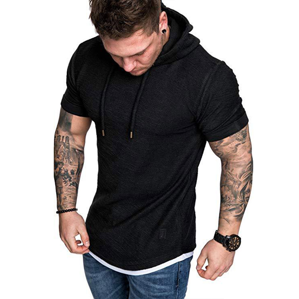 Men Summer Simple Solid Color Hooded Breathable Sports T-shirt black_2XL