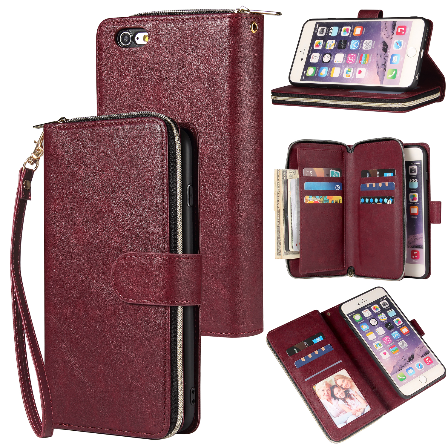 For Iphone 6/6s/6 Plus/6s Plus/7 Plus/8 Plus Pu Leather Mobile Phone Cover Zipper Card Bag + Wrist Strap Red wine