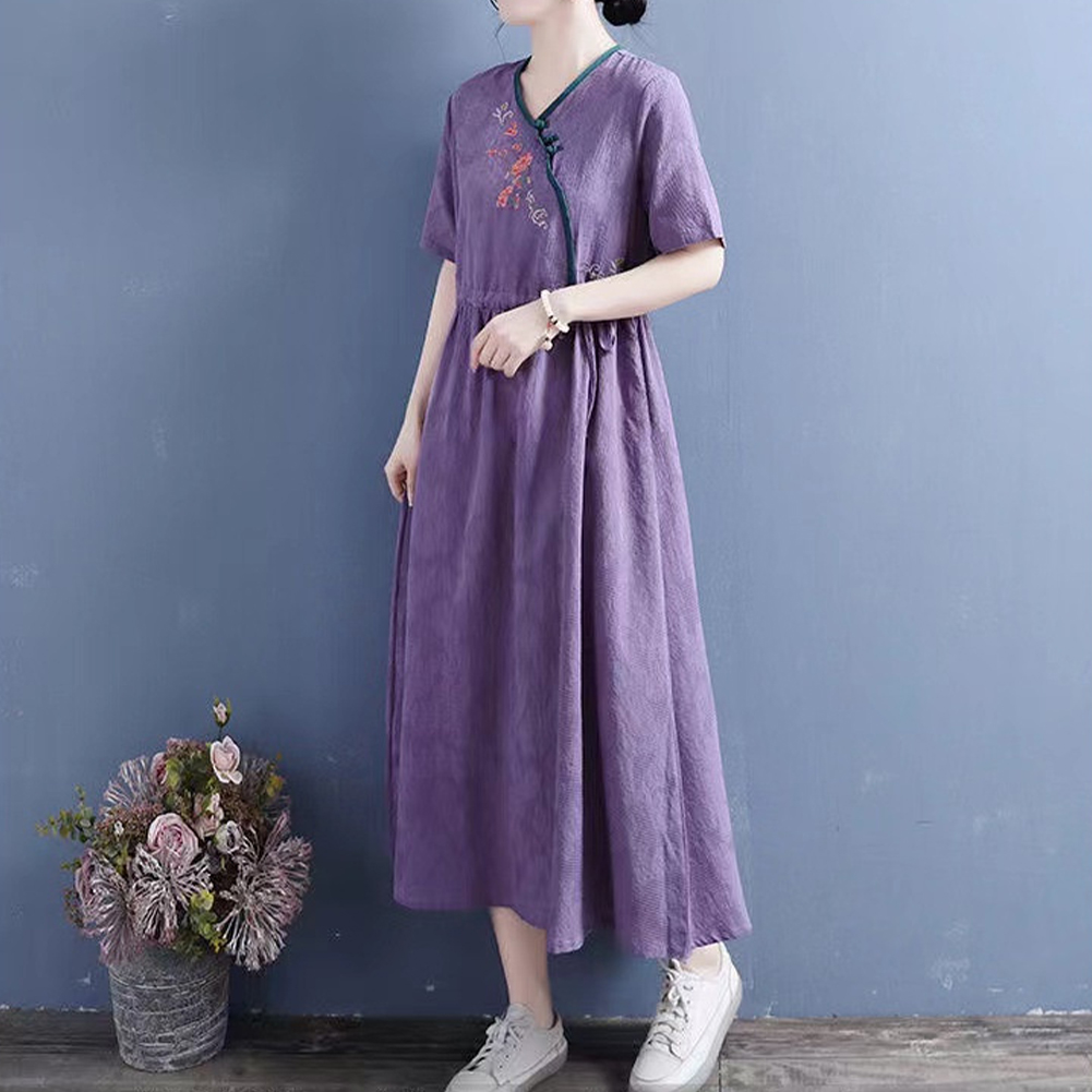 Summer Women Short Sleeves Dress Fashion V Neck High Waist A-line Skirt Retro Embroidered Large Size Dress Purple XL