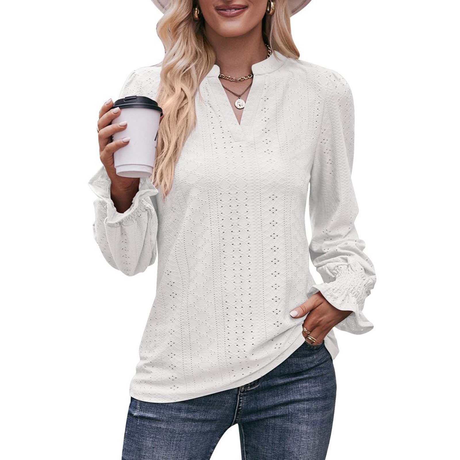 Women Long Sleeves Shirt V Neck Casual Solid Color Loose Blouse Elegant Hollow-out Pullover Tunic Tops
