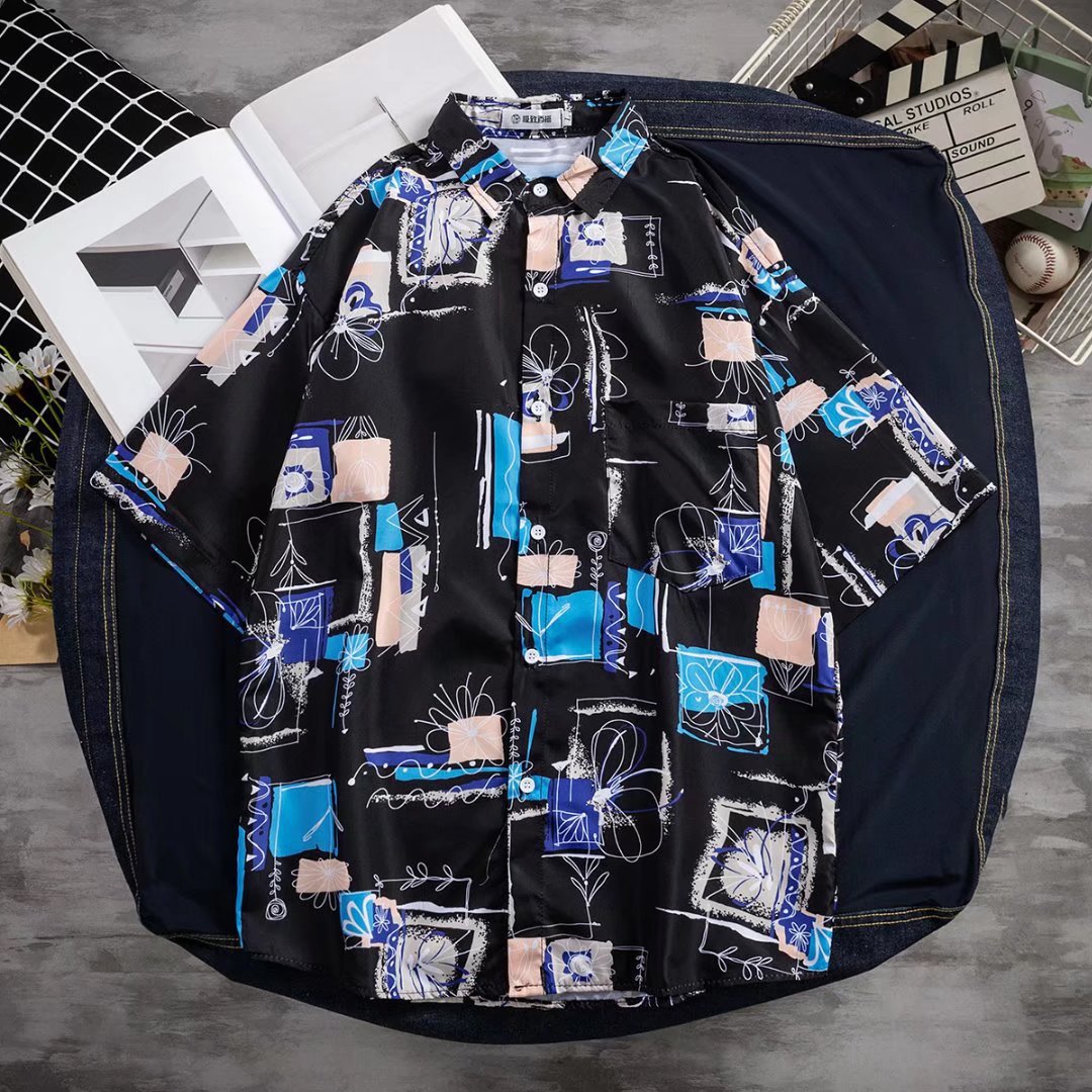 Men Short Sleeves T-shirt Summer Thin Trendy Printing Lapel Cardigan Tops Loose Casual Beach Shirt For Couple YS042 black XL