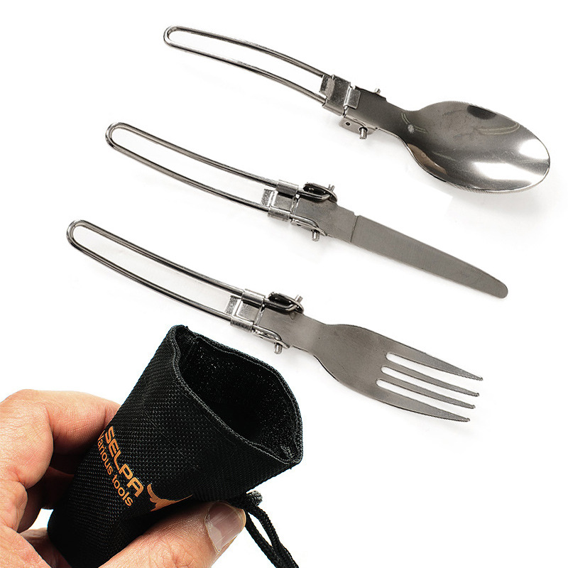 Stainless Steel Outdoor Picnic Tableware Set Foldable Cutlery Set for Camping Hiking 3Pcs/Set  Silver