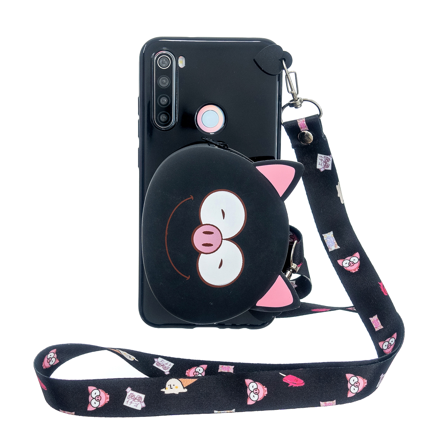 For Redmi Note 8/8T/8 Pro Cellphone Case Mobile Phone Shell Shockproof TPU Cover with Cartoon Cat Pig Panda Coin Purse Lovely Shoulder Starp Black