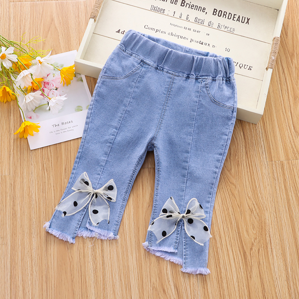 Toddlers Girls Jeans Children Denim Cropped Pants Elastic Belt Summer Outerwear Loose Cropped Pants Clothing big bow knot 1-2Y 80cm