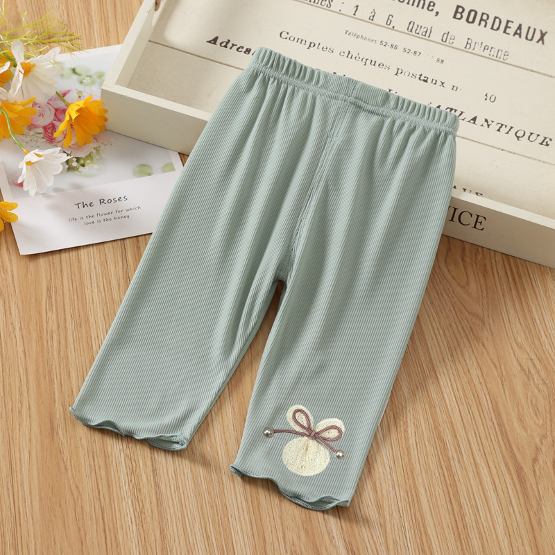 Toddlers Leggings Kids Girls Cropped Pants Solid Color Elastic Waist Belt Summer Outerwear Bottoms Pants Green 0-1Y 73CM