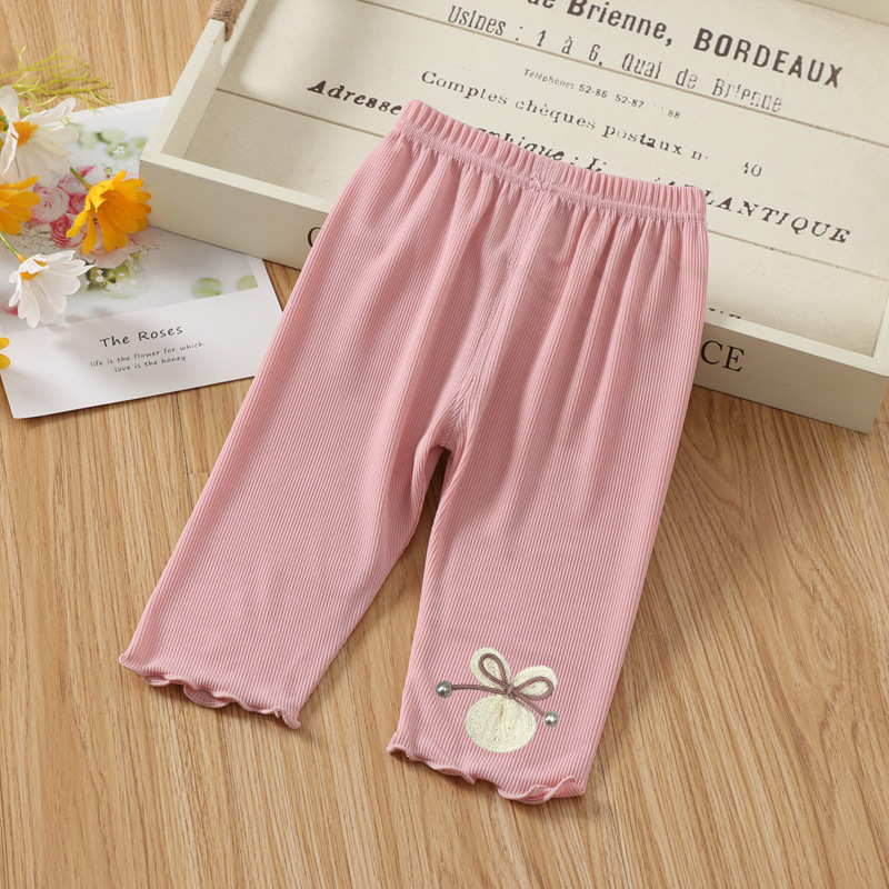 Toddlers Leggings Kids Girls Cropped Pants Solid Color Elastic Waist Belt Summer Outerwear Bottoms Pants pink 7-8Y 120cm