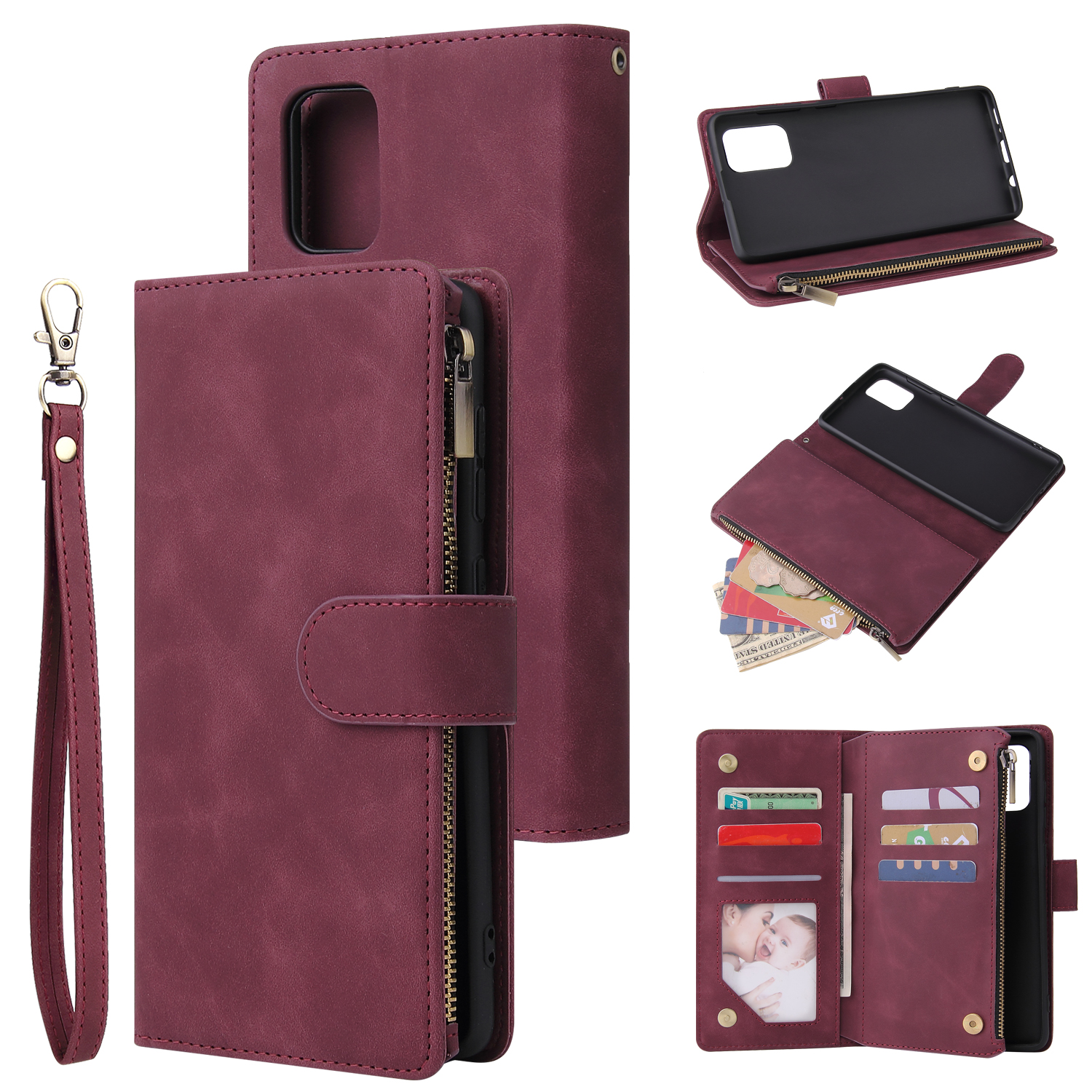 For Samsung A71 Case Smartphone Shell Precise Cutouts Zipper Closure Wallet Design Overall Protection Phone Cover Wine red