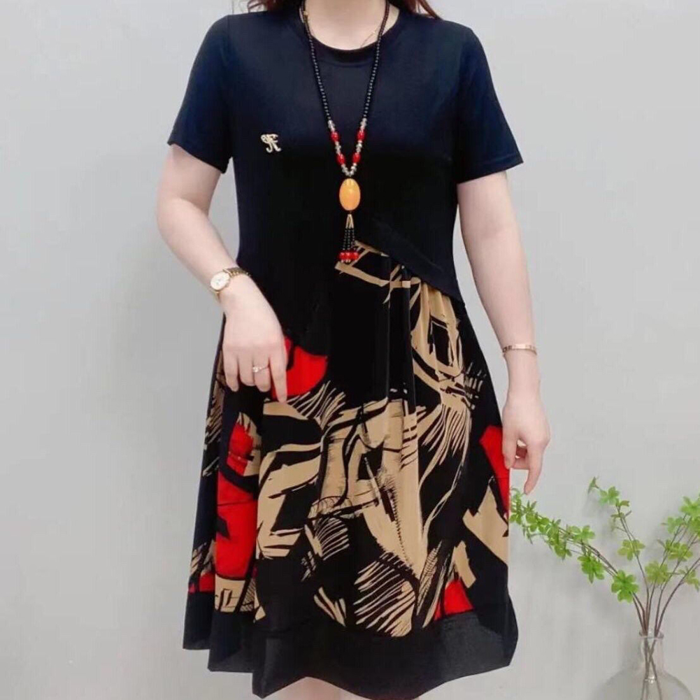 Women Short Sleeves Dress Fashion Loose Large Size Midi Skirt Retro Printing Round Neck Dress 312# Geometry M