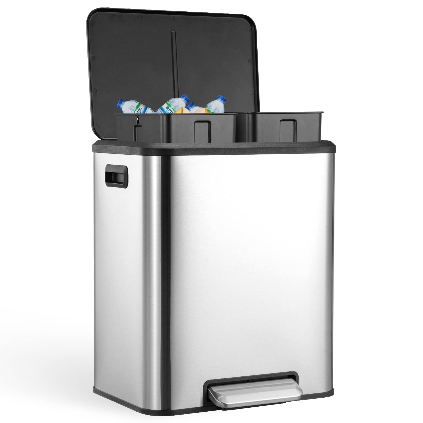 US GARVEE Dual Trash Can Stainless Steel 2 x 4 Gal  Garbage Can Steel Pedal Recycle Bin