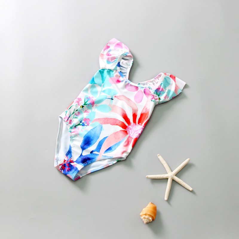Girls Sleeveless Swimsuit Summer Sweet Floral Printing One-piece Beach Bathing Sui For 3-8 Years Old Kids ink flower 6-7years L