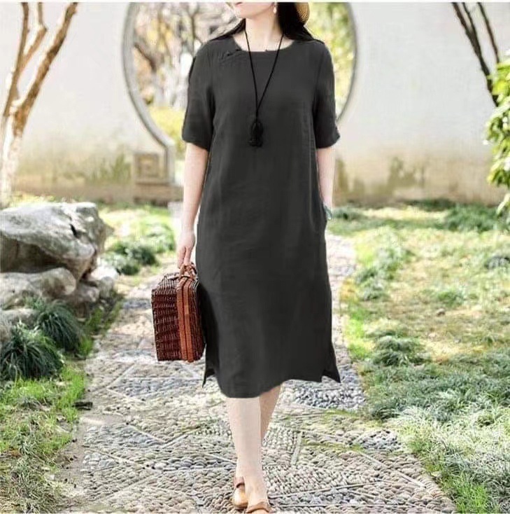 Women Short Sleeves Dress Fashion Chinese Style Cotton Linen Midi Skirt Loose Solid Color Round Neck Dress black 6XL