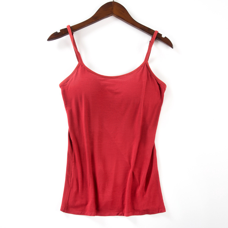 Women Spaghetti Strap Tank Top With Chest Pad Adjustable Underwear Solid Color Sports Vest Maroon M