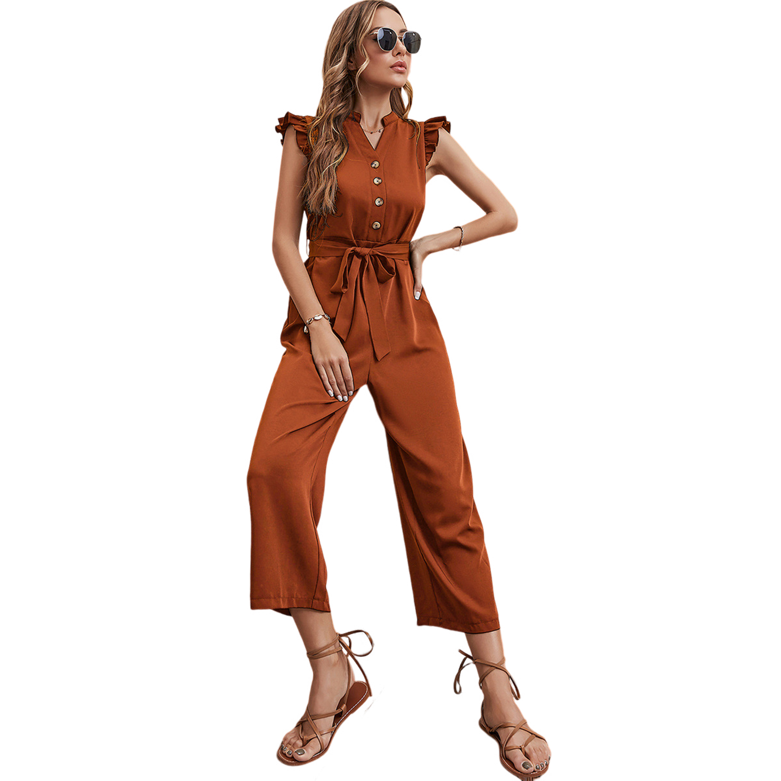 Women V-neck Cropped Jumpsuit Elegant Ruffled Sleeves Lace-up Coverall Simple Solid Color Button Jumpsuit orange red M