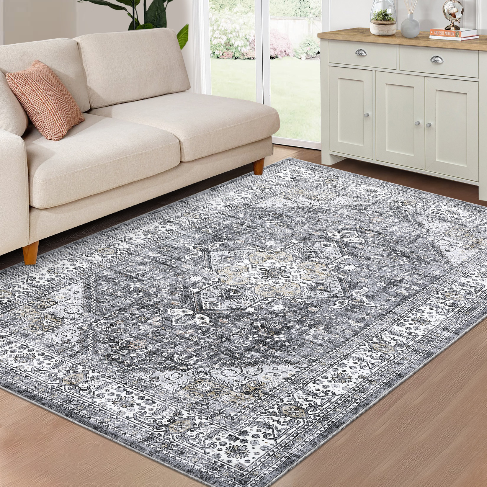 US GARVEE 9x12 Area Rug Large Vintage Distressed Machine Washable Area Rug for Living Room Traditional Medallion Floral Non-Slip Stain Resistant Accent Rug Carpet for Home Decoration, Grey