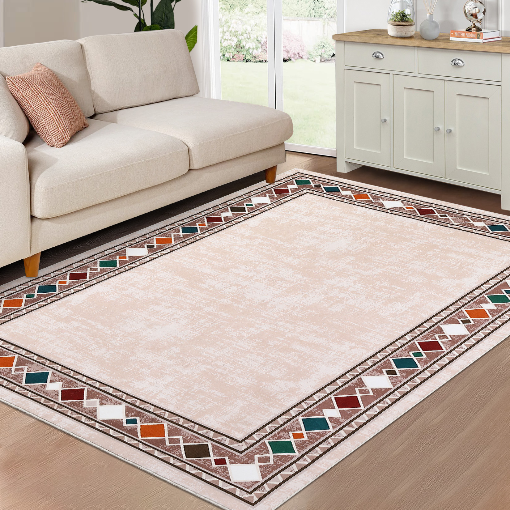 US GARVEE Modern Rug 9x12 Large Geometric Bordered Area Rugs for Living Room Bedroom Low Pile Office Border Rug Minimalist Abstract Carpet Non Slip Farmhouse Area Rugs Beige