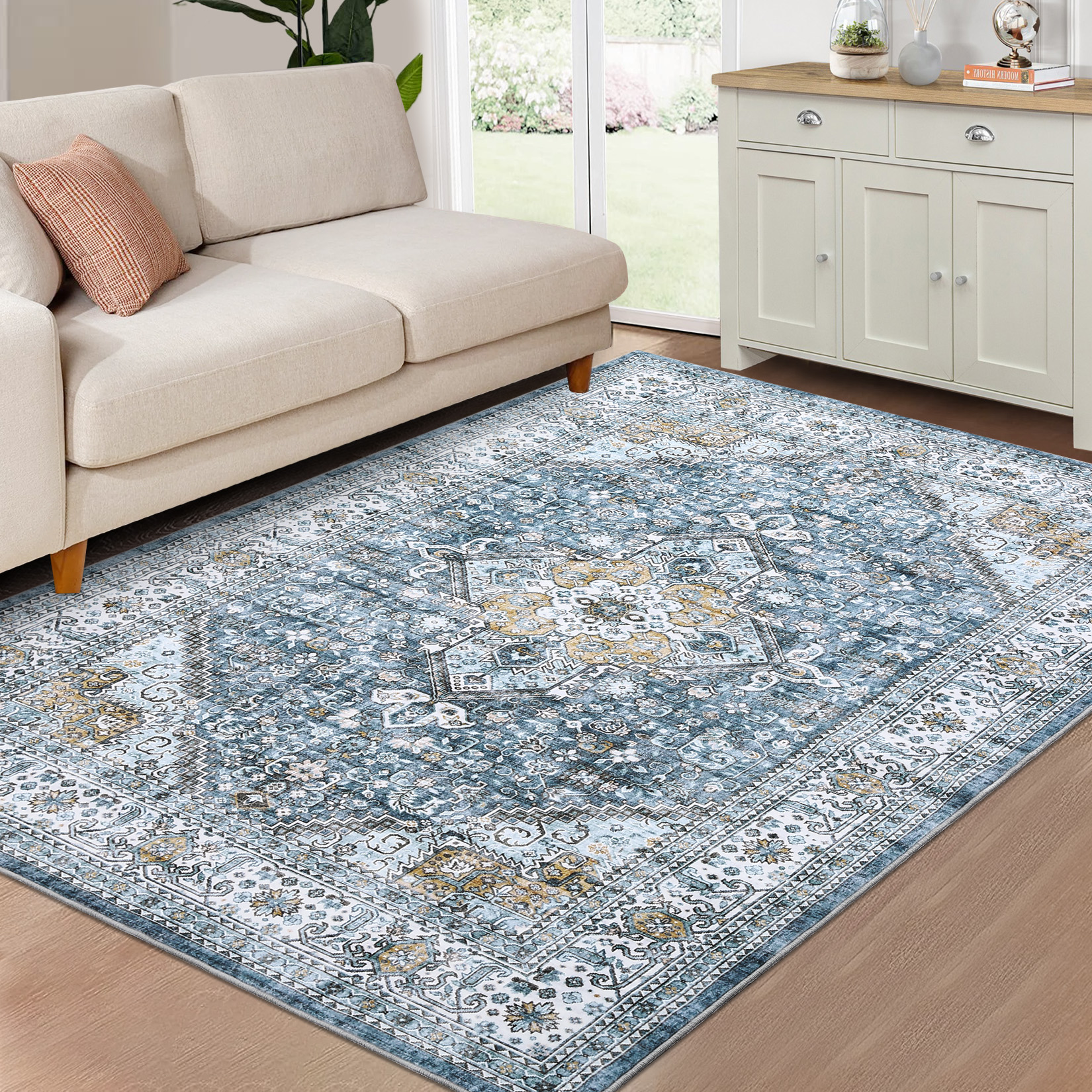 US GARVEE 9x12 Area Rug Large Vintage Distressed Machine Washable Area Rug for Living Room Traditional Medallion Floral Non-Slip Stain Resistant Accent Rug Carpet for Home Decoration, Blue