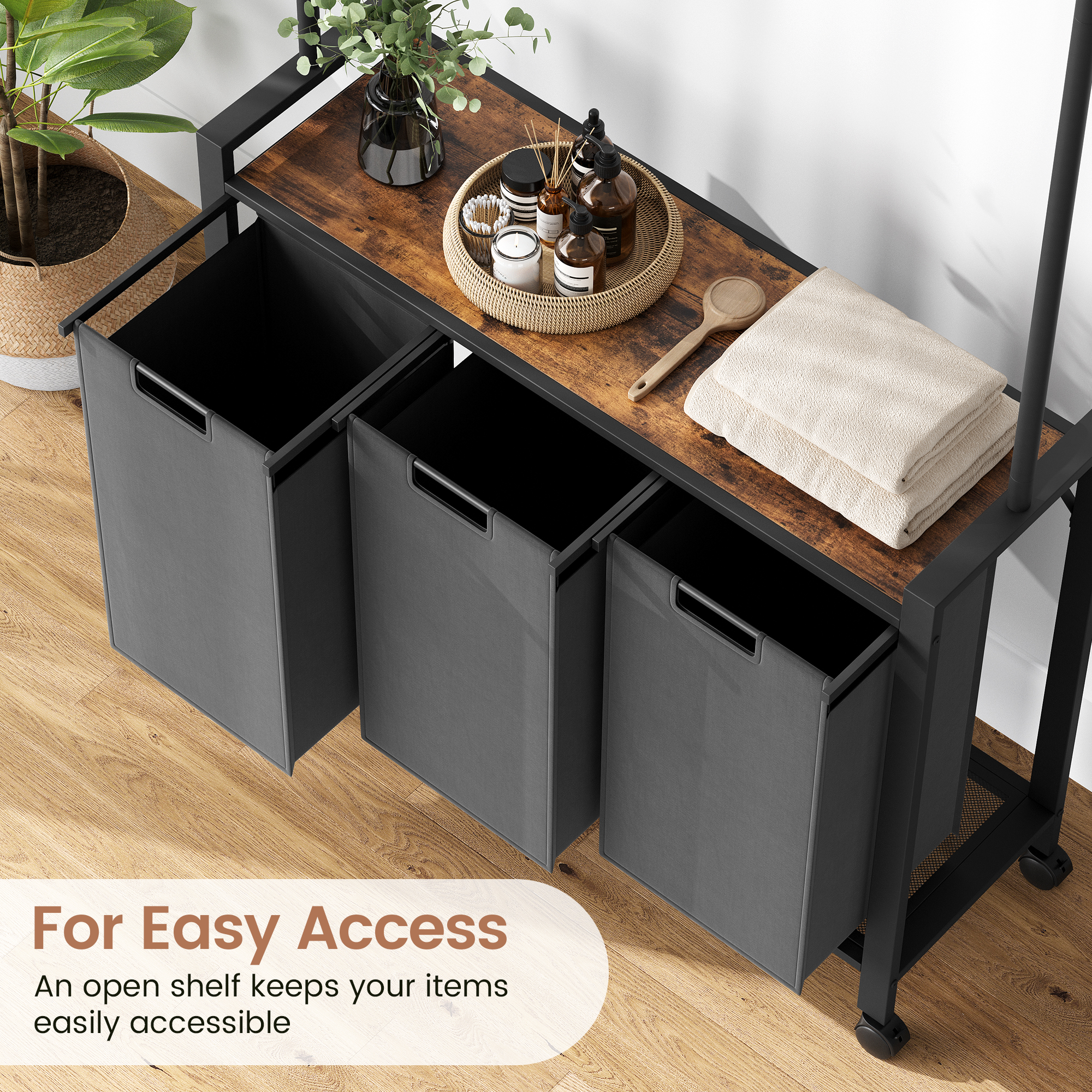 US GARVEE Laundry Sorter, Laundry Hamper 3 Section with Hanging Rack, Rolling Laundry Cart on Wheels, Pull-Out and Removable Laundry Basket with Shelf, Rustic Brown and Black