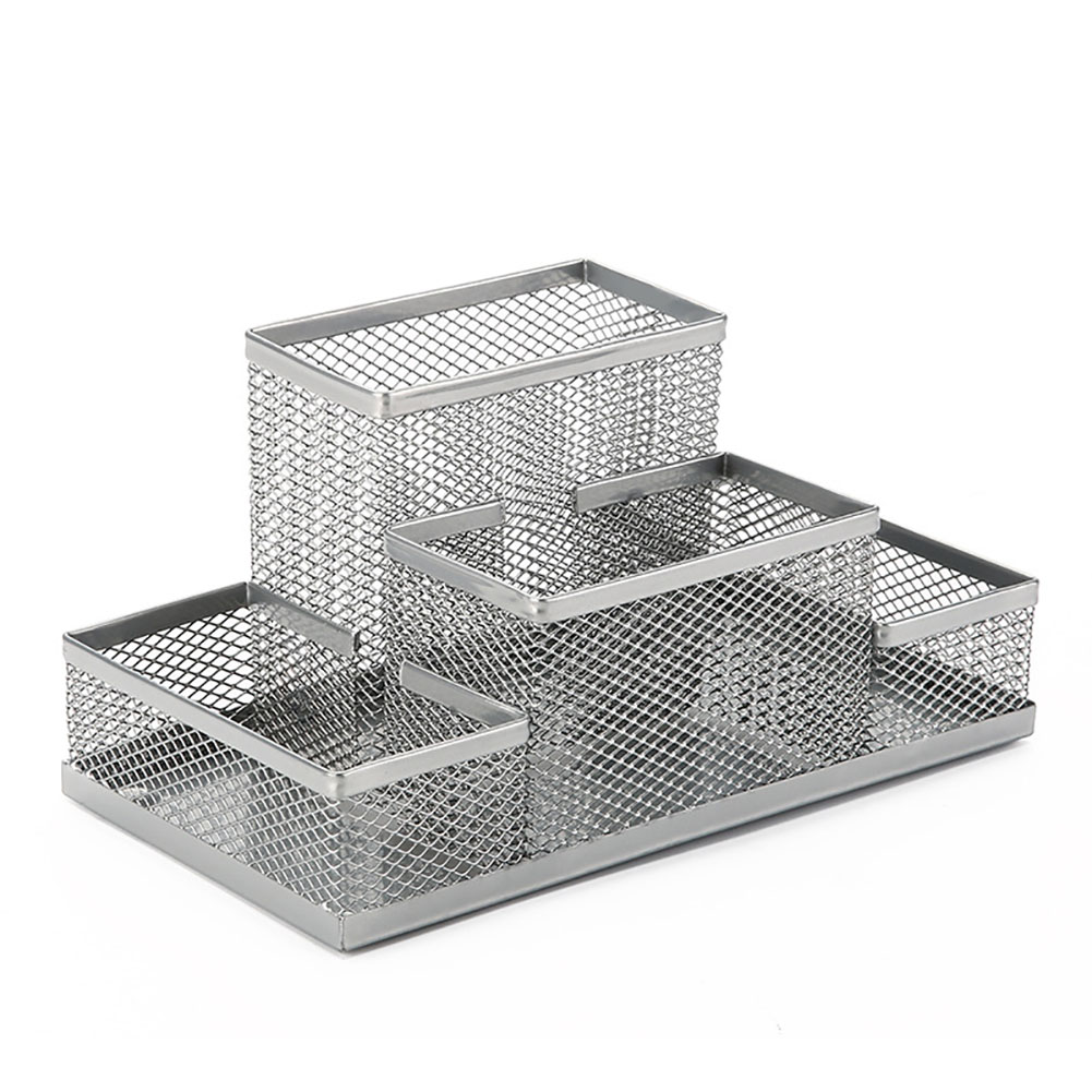 Mesh Desk Organizer Desktop Pen Holder 4 Compartments Metal Stationary Organizer Desk Caddy For Office Home silver