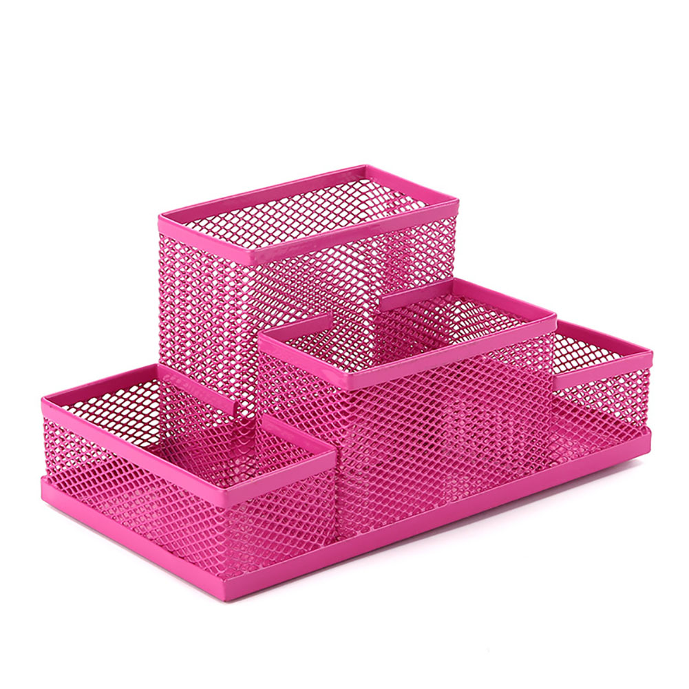 Mesh Desk Organizer Desktop Pen Holder 4 Compartments Metal Stationary Organizer Desk Caddy For Office Home rose red