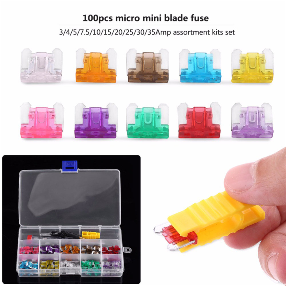 100pcs Mini Car Truck Fuse 2a 3a 5a 7.5a 10a 15a 20a 25a 30a 35a Amp Fuse With Pointed Test Pen Clip Storage Box as shown