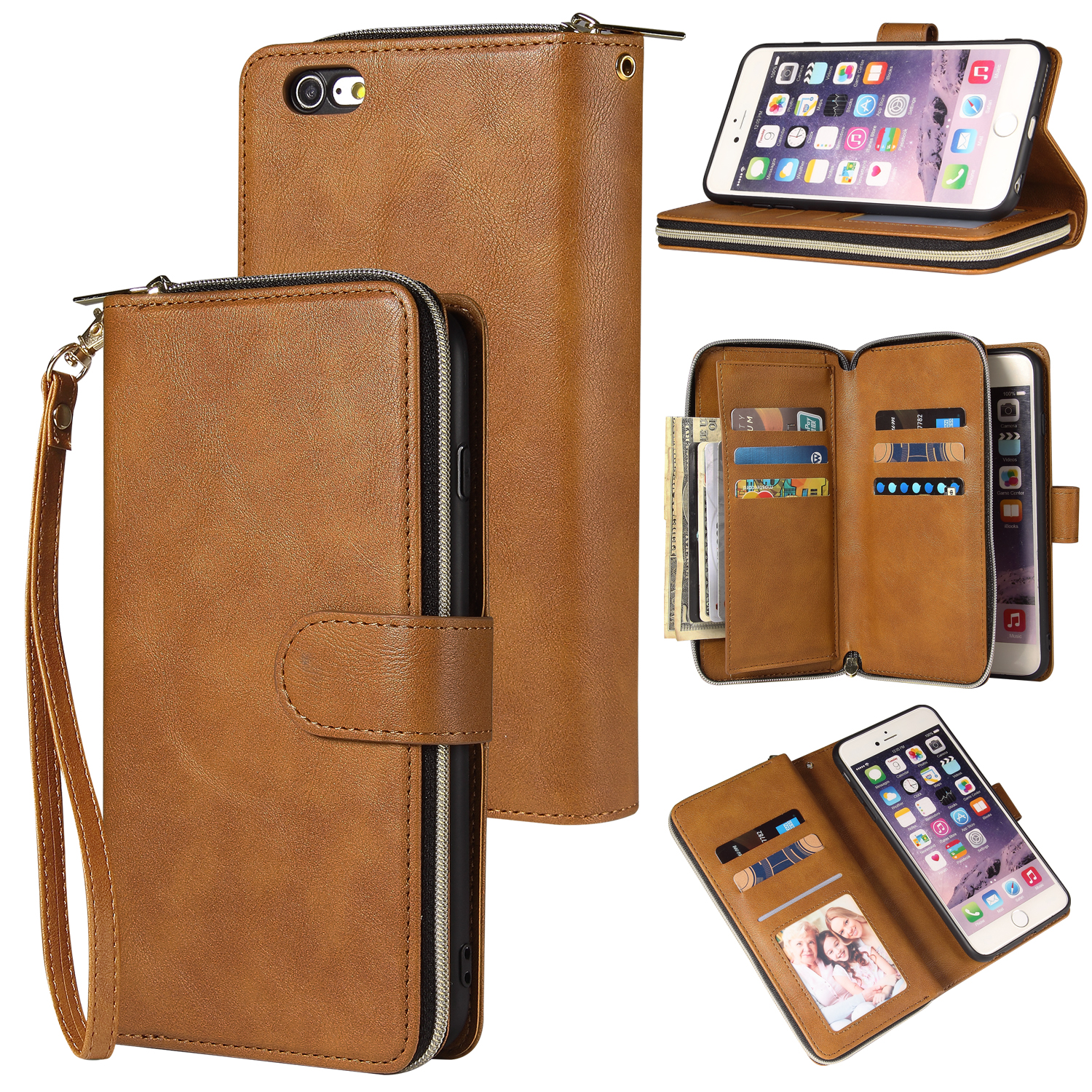 For Iphone 6/6s/6 Plus/6s Plus/7 Plus/8 Plus Pu Leather Mobile Phone Cover Zipper Card Bag + Wrist Strap brown