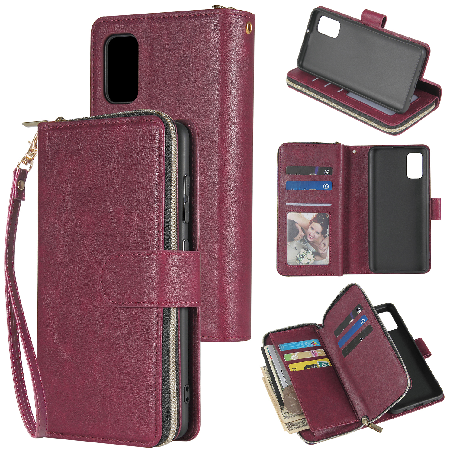 For Samsung A01/A21/A31/A41/A51 Pu Leather Mobile Phone Cover Zipper Card Bag + Wrist Strap Red wine