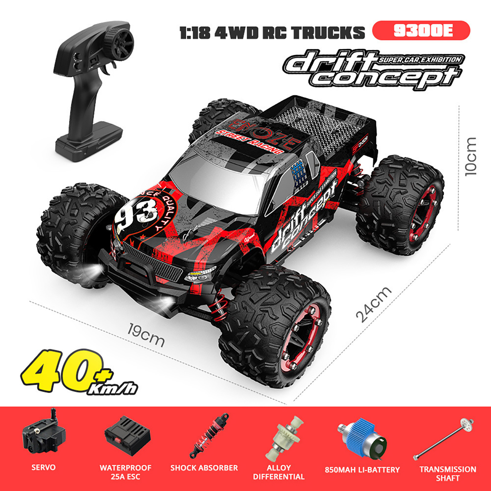 1:18 Scale 2.4GHz RC Car 4X4 40KM/H+ Super Fast Response Remote Control Off-Road Vehicle For Kids Gifts 9300E Red