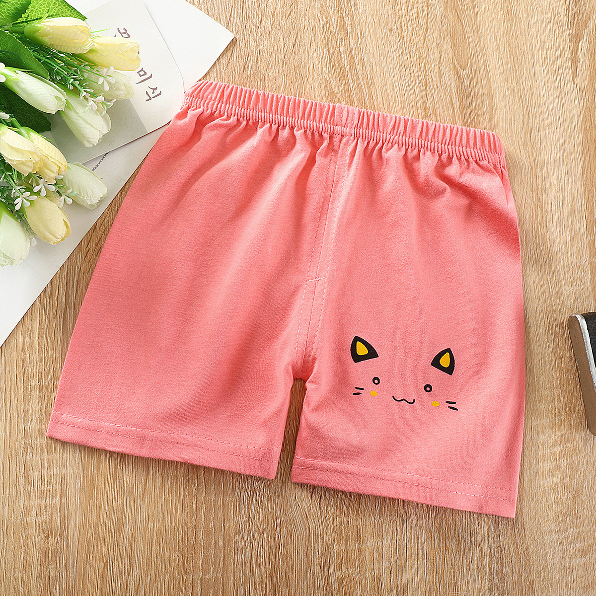 Kids Cotton Shorts Cute Cartoon Printing Summer Breathable Casual Short Pants For 0-7 Years Old Boys Girls Watermelon Red Cat Head 1-2Y 55#80CM