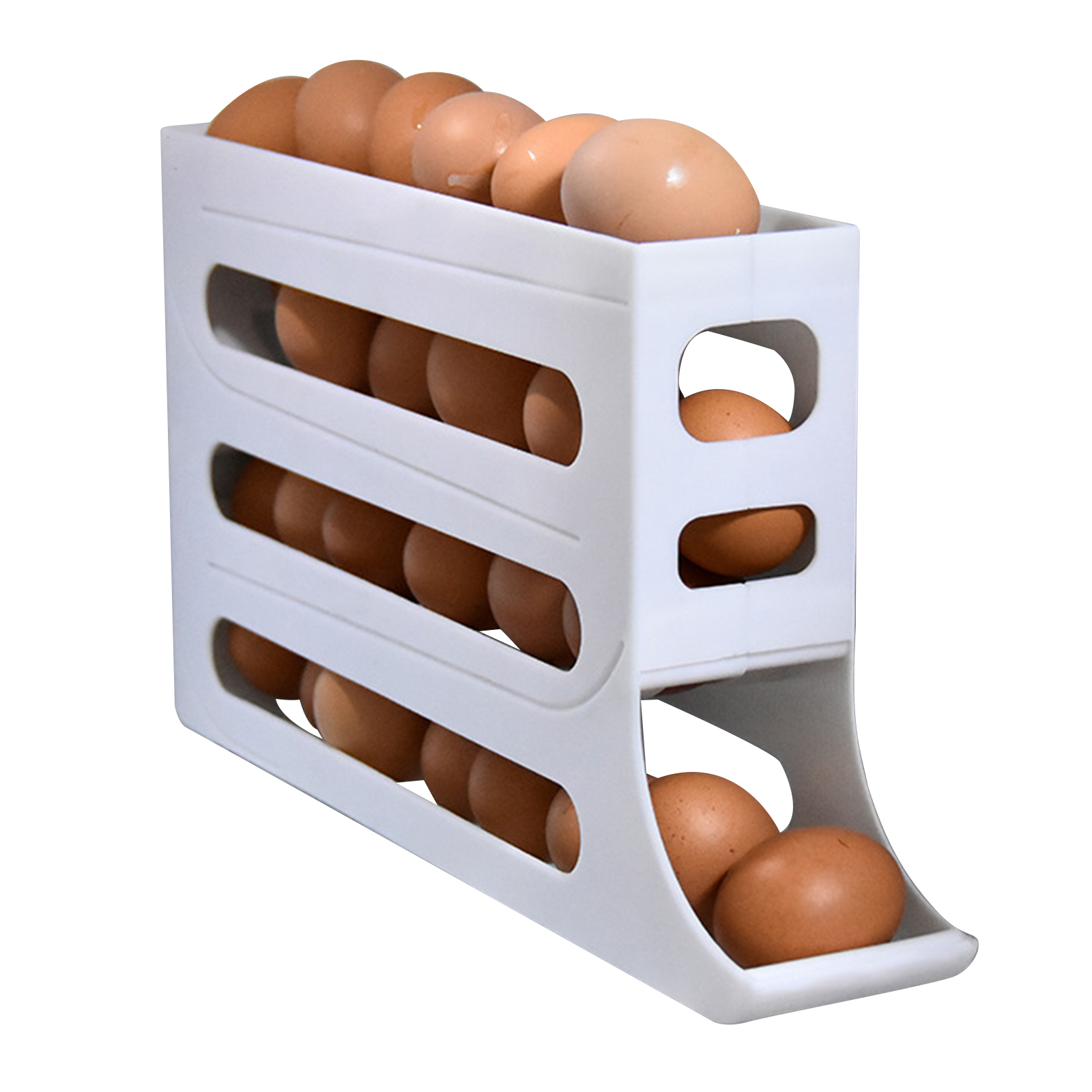 Refrigerator Egg Holder Automatic Rolling Chicken Egg Organizer Holder Storage Box Roll-Down Food Storage Holder Space Saving Rolling Egg Dispenser For Cabinet Refrigerator White