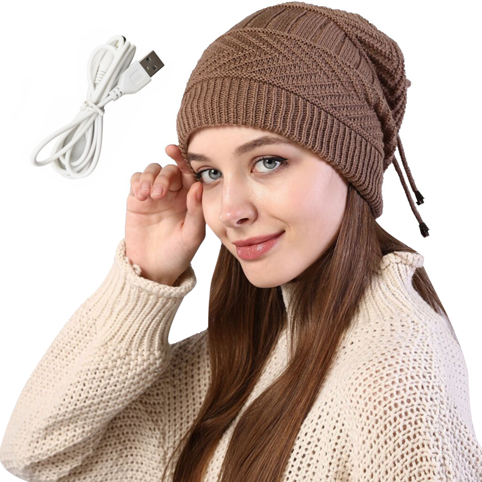 Winter USB Heated Hat Knitted Acrylic Fibres Hats Neck Warmer For Winter Warm Soft Rechargeable Winter Hats Outdoor Sports Heated Cap For Women Men Grown-ups Khaki