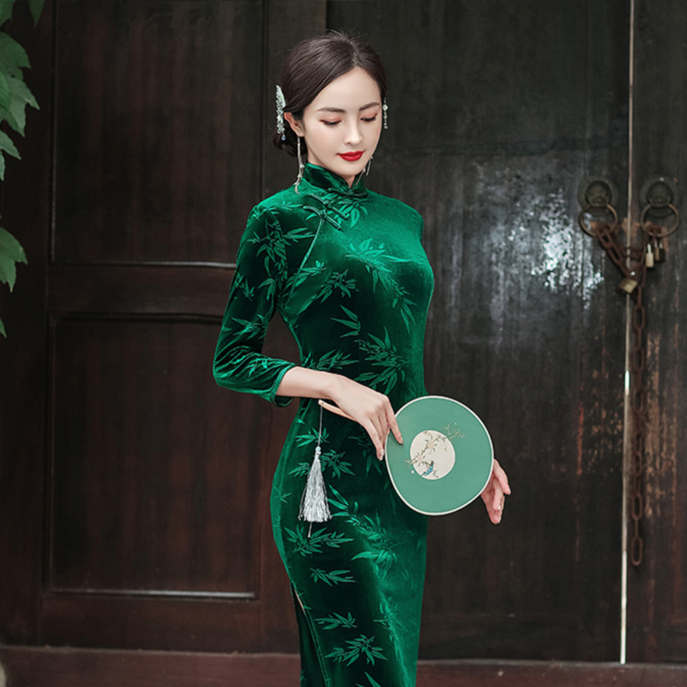 Women Velvet Cheongsam Dress Stylish Slim Fit Large Size Long Skirt Elegant Stand Collar High Slit Dress T0072-4 emerald green M