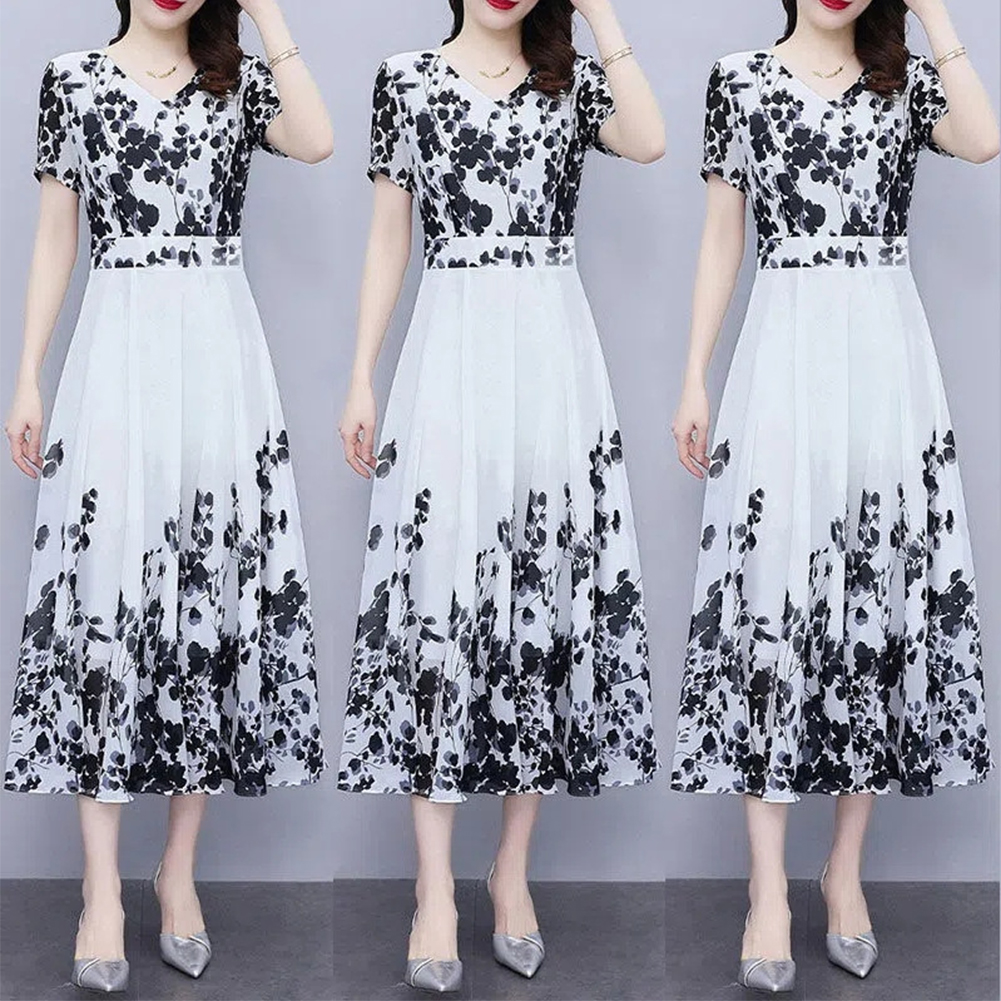 Women Summer Short Sleeves Dress V Neck Chinese Style Ink Printing A-line Skirt Casual Seaside Vacation Beach Dress As shown XL